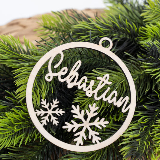 Personalisierte Holz-Weihnachtskugel Schneflocke mit Namen