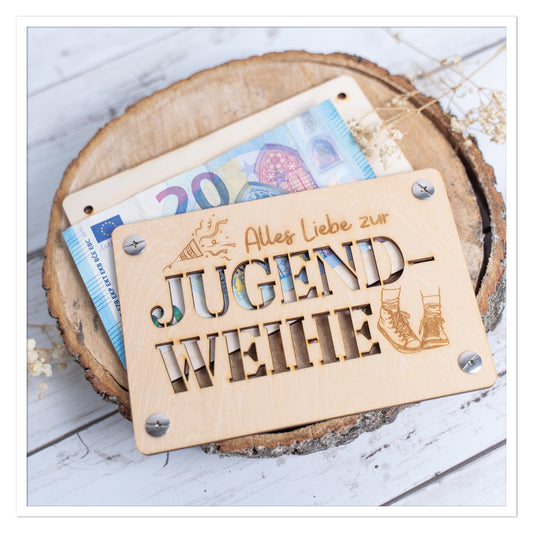 Personalisierte Holz Geldkarte zur Jugendweihe