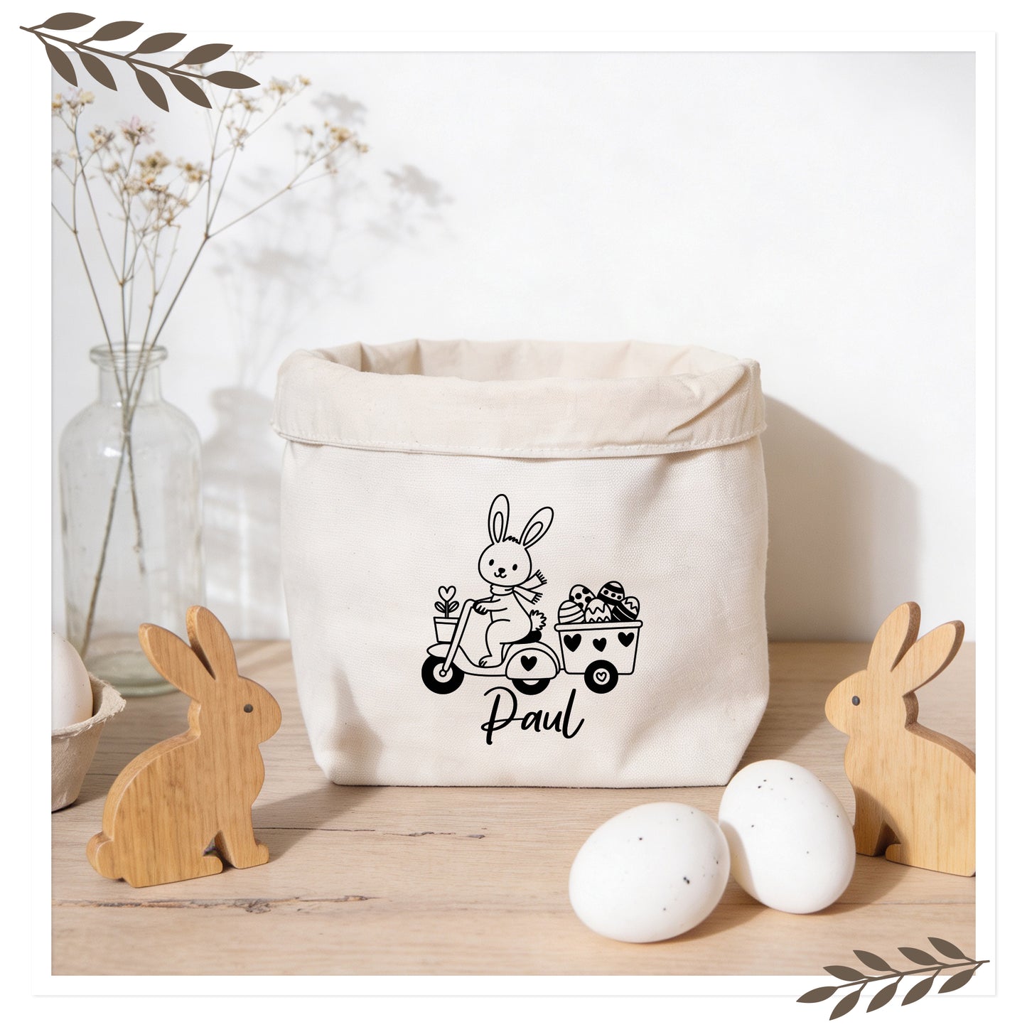 Personalisierter Osterkorb mit Name aus Canvas Baumwolle – Hase auf Roller
