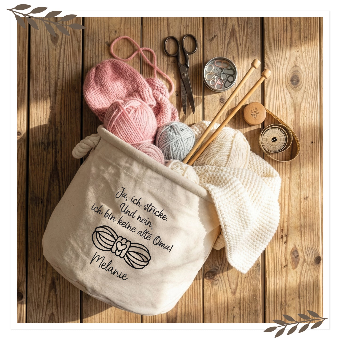 Personalisierter Strickkorb mit Name – „Ja, ich stricke. Und nein, ich bin keine alte Oma!“ SK01