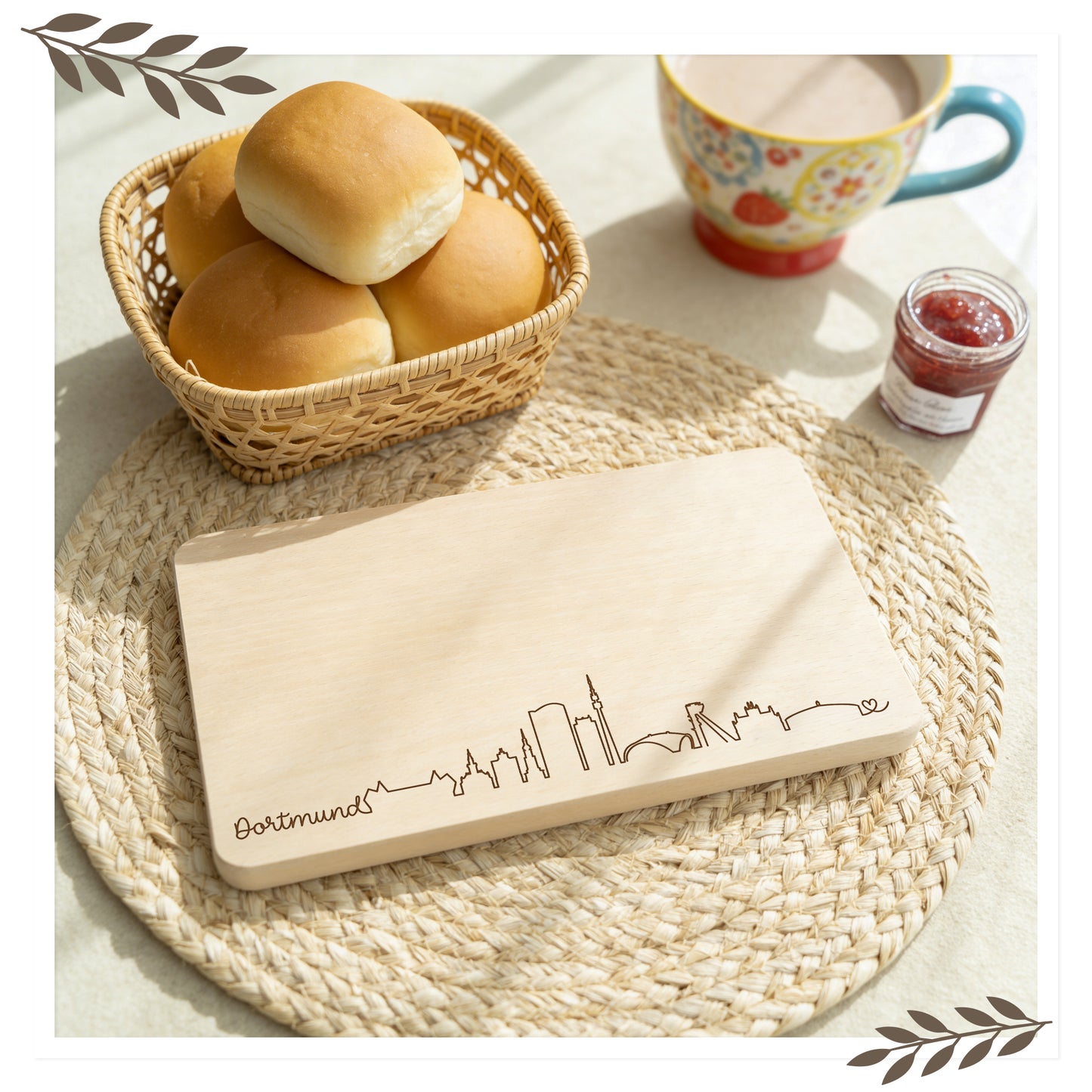 Frühstücksbrett Dortmund Skyline – Massives Buchenholz