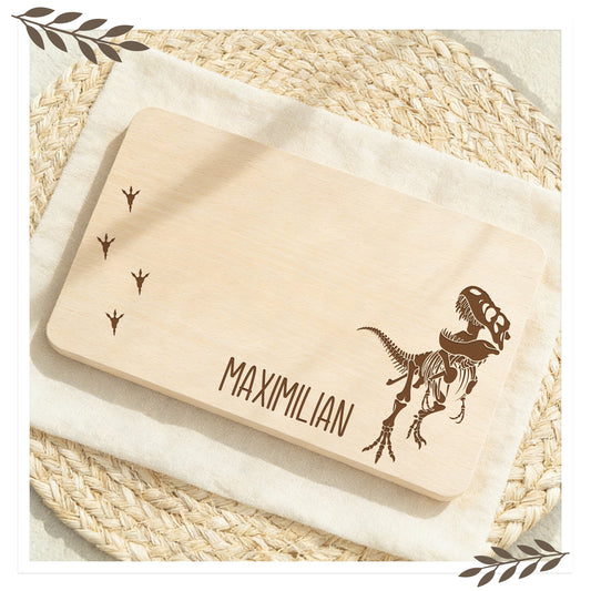 Personalisiertes Frühstücksbrett aus Buche mit Dino Skelett und Namen