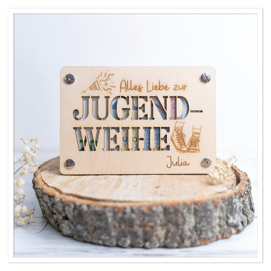 Personalisierte Holz Geldkarte zur Jugendweihe