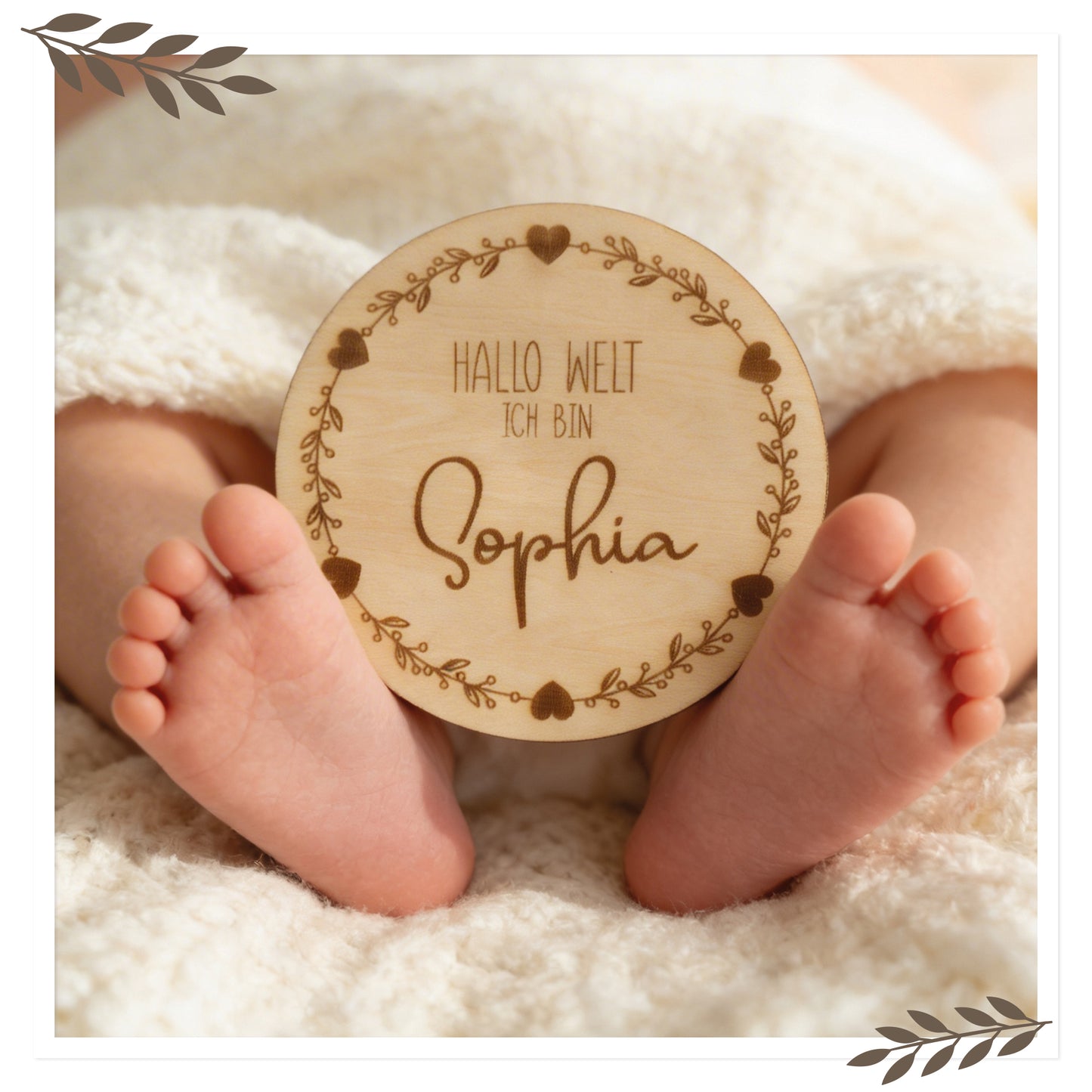 Personalisiertes Holzschild „Hallo Welt ich bin …“ – Blumenrand/Herzen