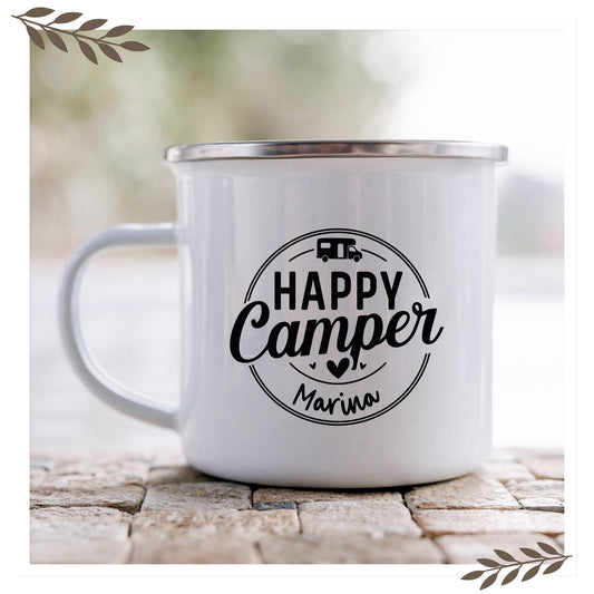 Personalisierte Emaille Tasse Happy Camper