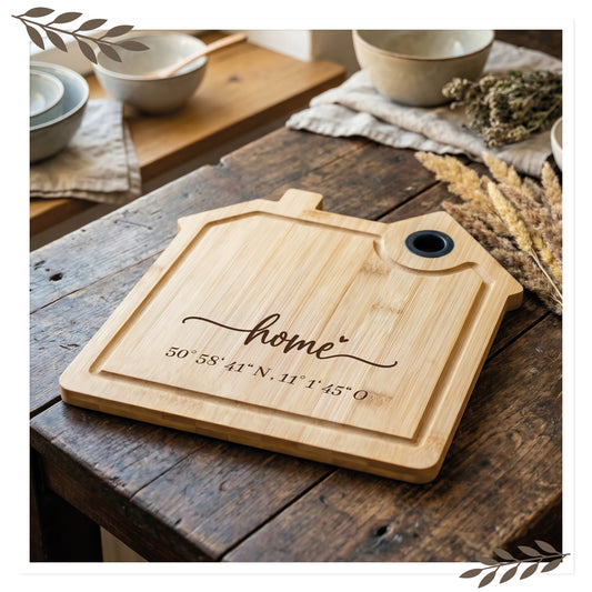 Schneidebrett „Home“ mit Koordinaten – Hausform aus Bambus