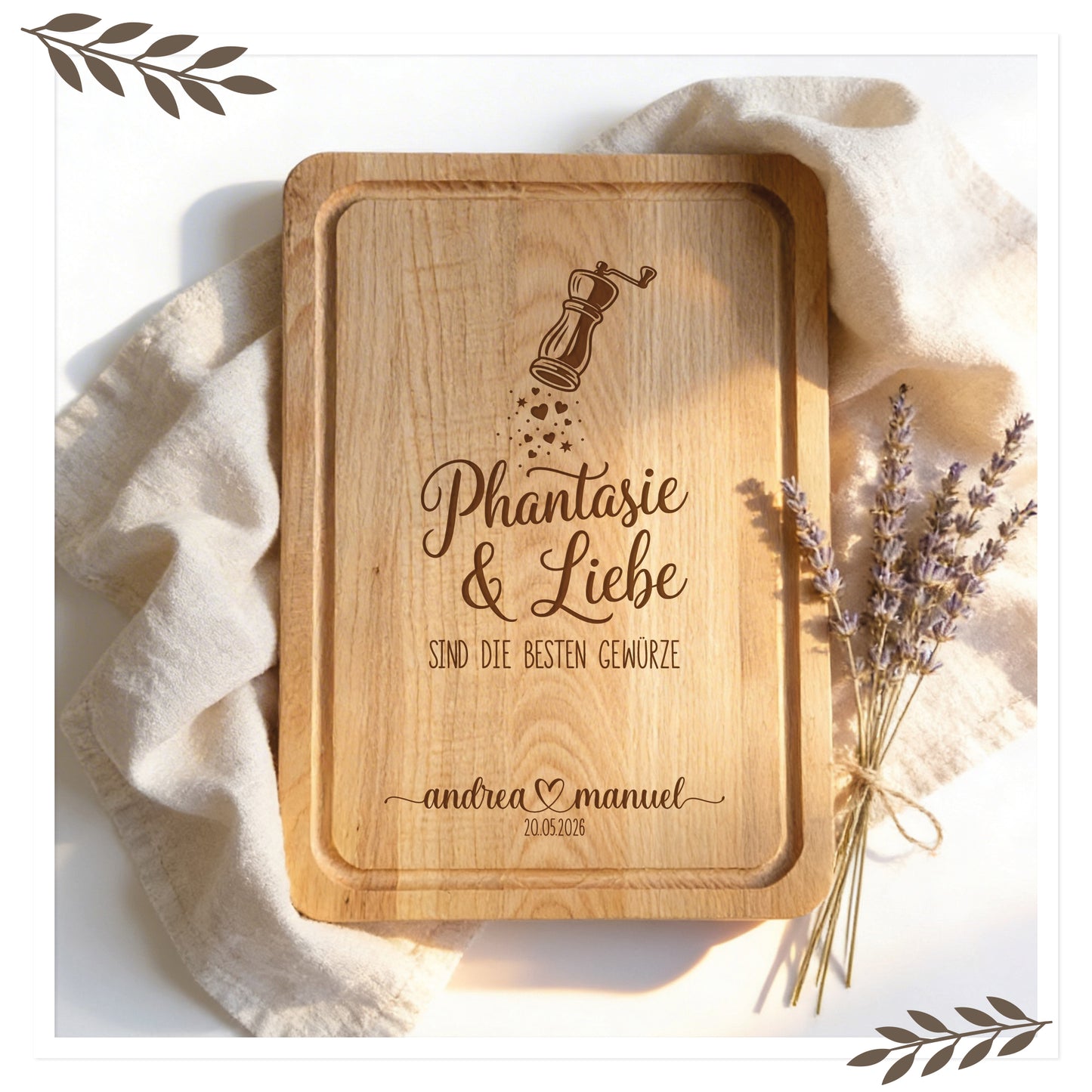 Personalisiertes Schneidebrett mit Gravur – Phantasie & Liebe