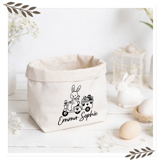 Personalisierter Osterkorb mit Name aus Canvas Baumwolle – Hase auf Roller