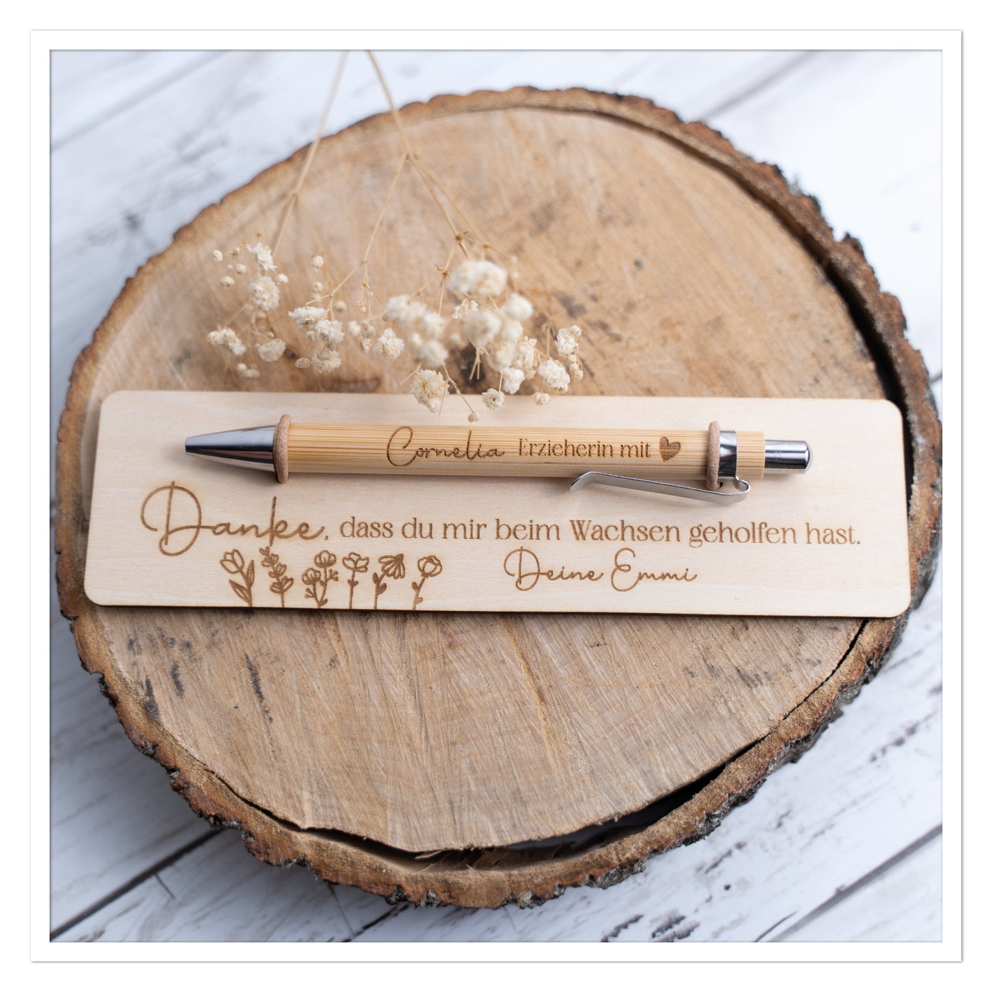 Personalisierter Kugelschreiber mit Holztafel – Danke Erzieher