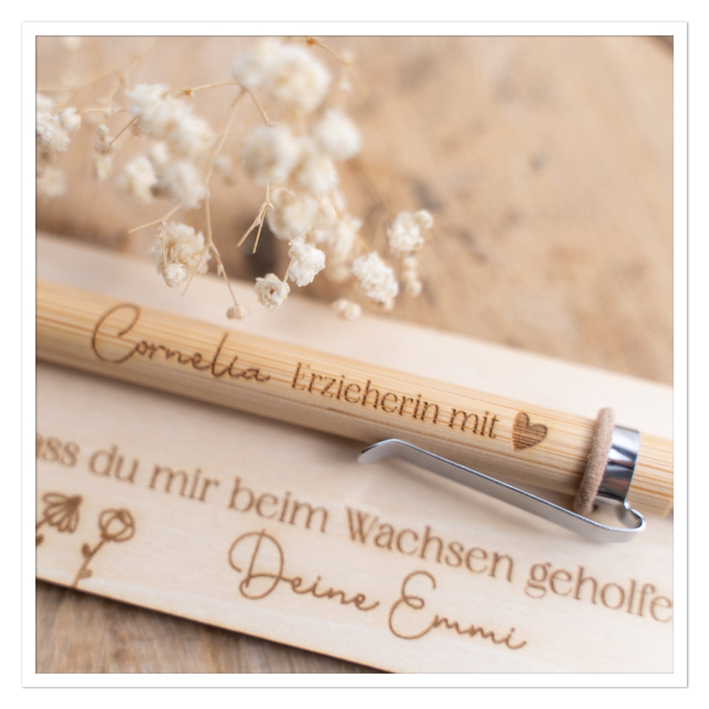 Personalisierter Kugelschreiber mit Holztafel – Danke Erzieher