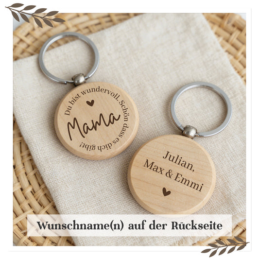 Personalisierter Holz-Schlüsselanhänger „Mama, Du bist wundervoll“