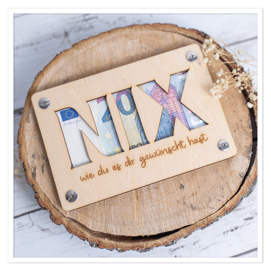Lustige Holz Geldkarte – „NIX wie du es dir gewünscht hast“