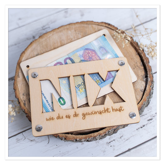 Lustige Holz Geldkarte – „NIX wie du es dir gewünscht hast“