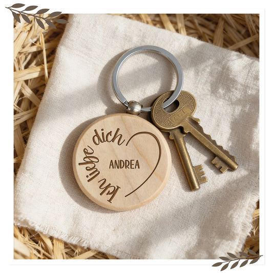 Personalisierter Schlüsselanhänger Holz „Ich liebe dich“ mit Name