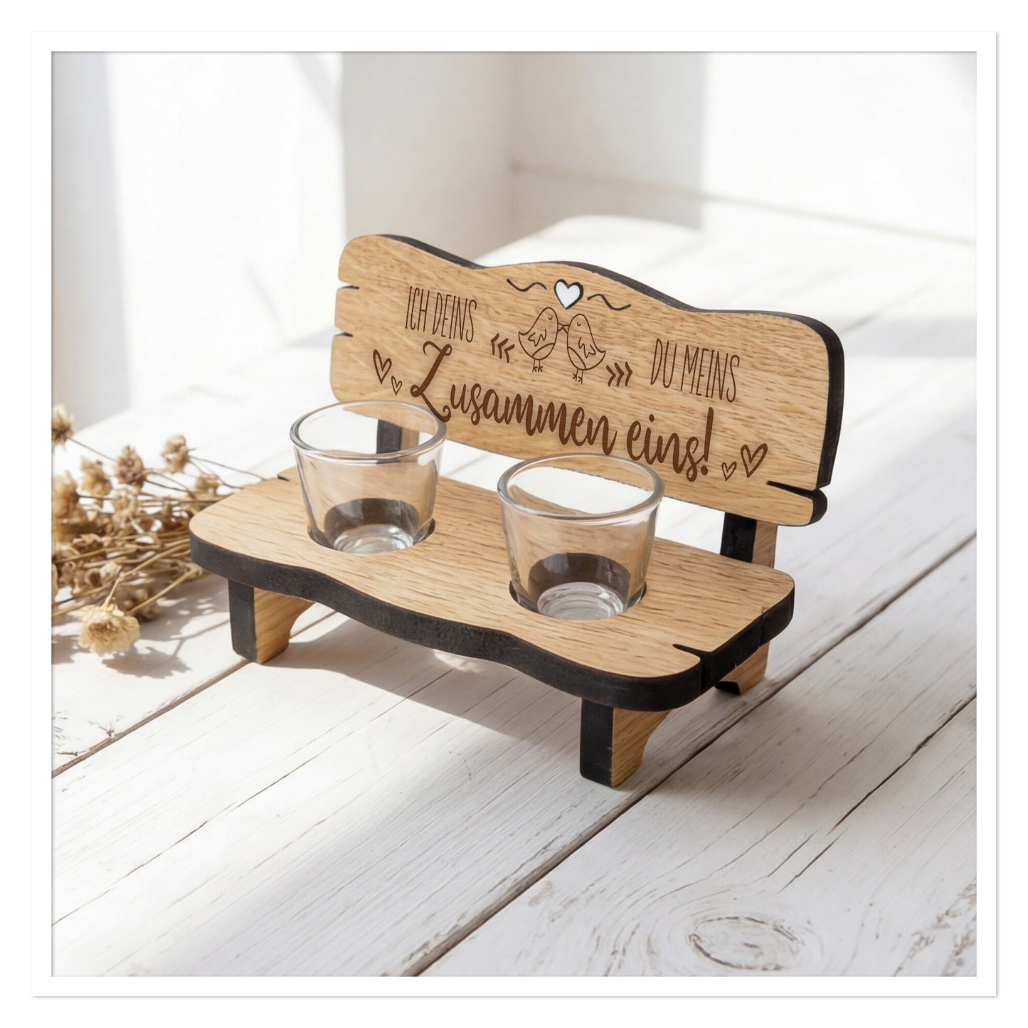 Schnapsbank "Ich Deins Du Meins" für Paare mit Gravur