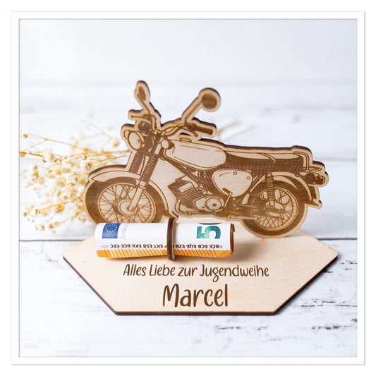Geldgeschenk Motorrad Simson personalisiert Holz