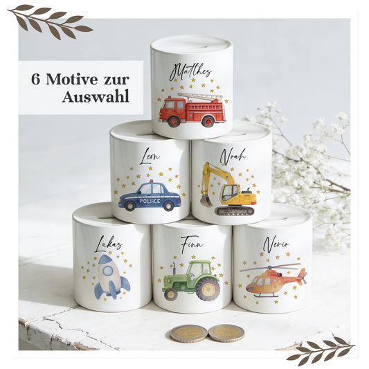 Personalisierte Kinder Spardose mit Namen – Fahrzeug Motive