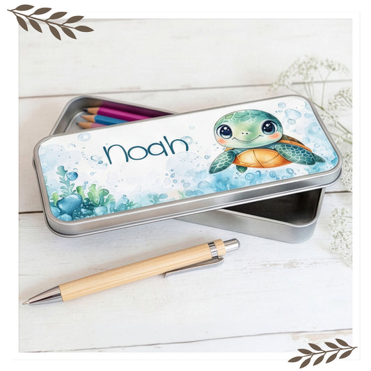 Stiftebox aus Metall mit Wunschname - Design Schildkröte