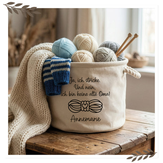 Personalisierter Strickkorb mit Name – „Ja, ich stricke. Und nein, ich bin keine alte Oma!“ SK01
