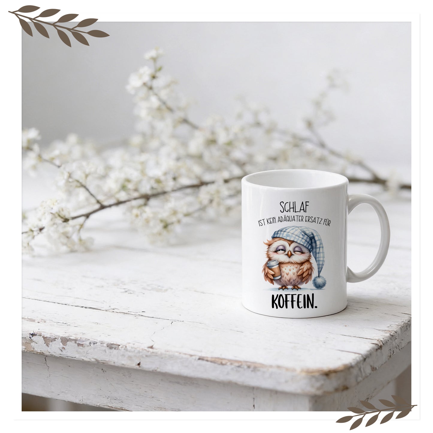 Lustige Eulen Tasse „Schlaf ist kein adäquater Ersatz für Koffein“