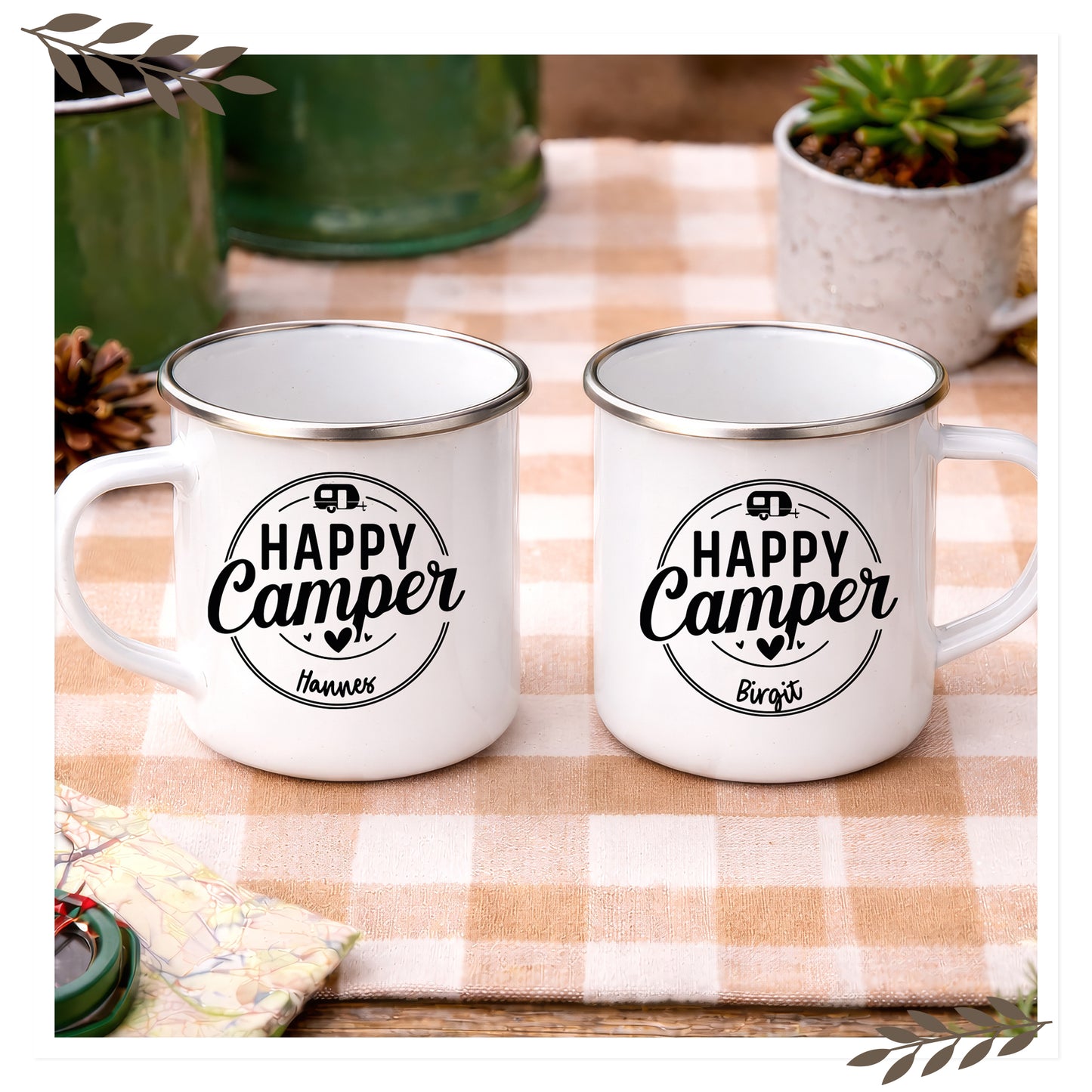 Personalisierte Emaille Tasse Happy Camper