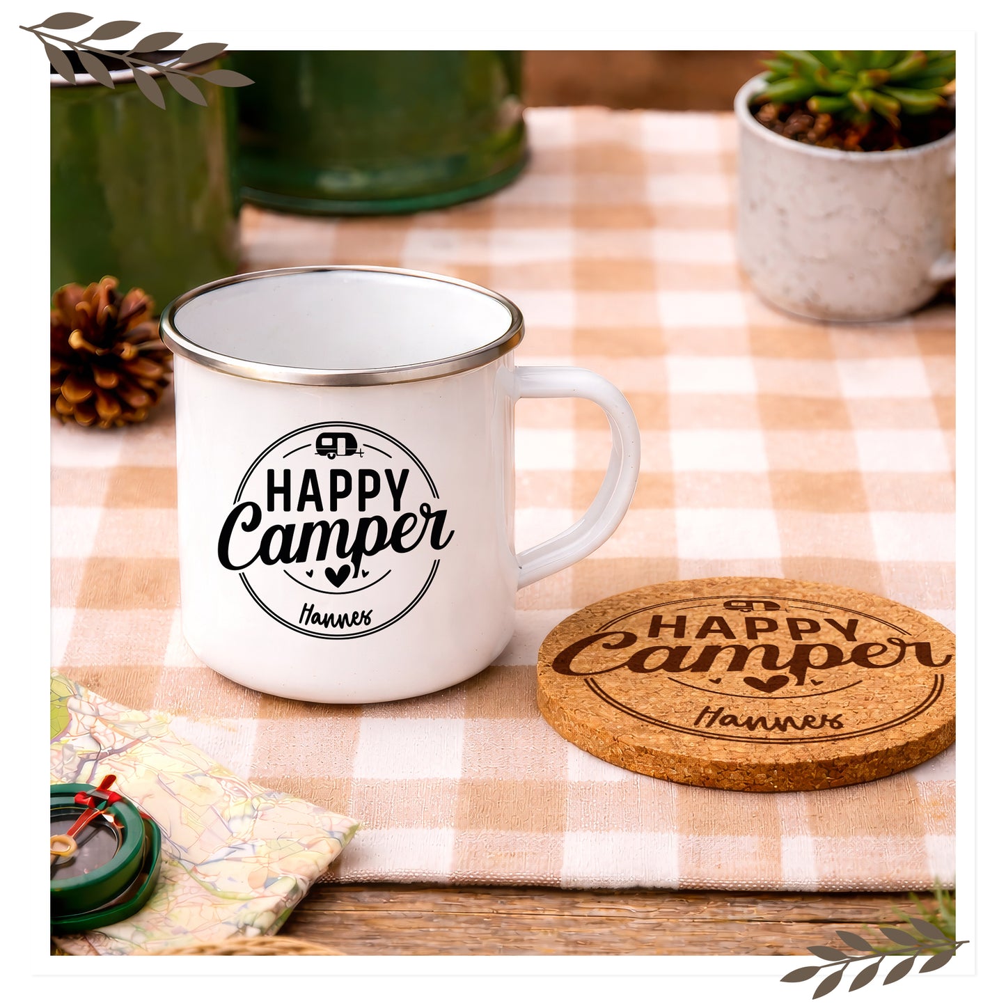 Personalisierte Emaille Tasse Happy Camper