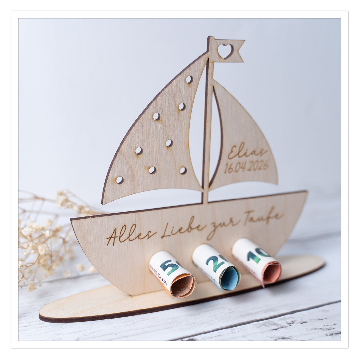 Geldgeschenk Taufe Boot aus Holz – personalisiert mit Name & Datum