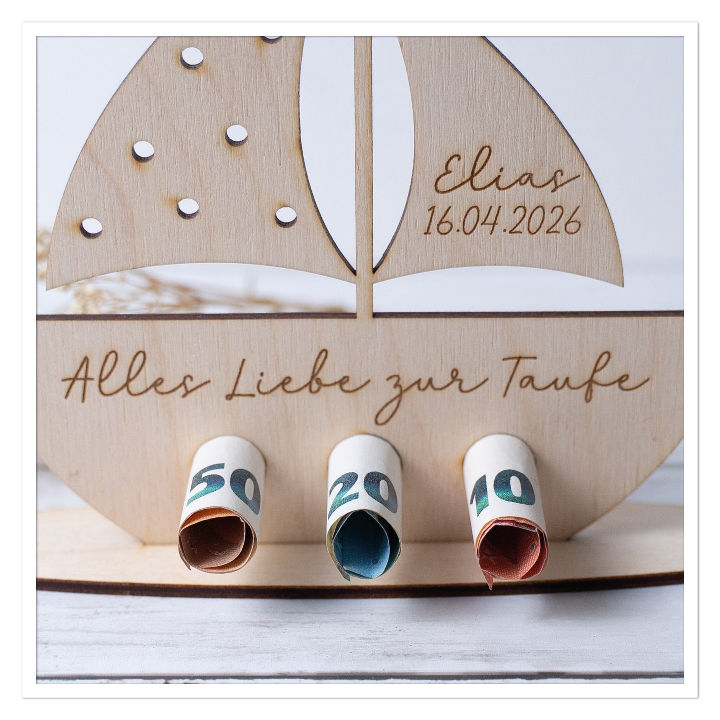Geldgeschenk Taufe Boot aus Holz – personalisiert mit Name & Datum
