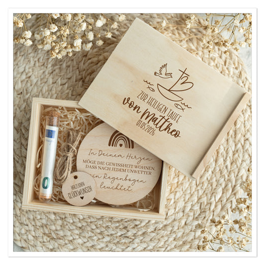 Geldgeschenk Taufe Holzbox mit Boot, Herz und Fischen