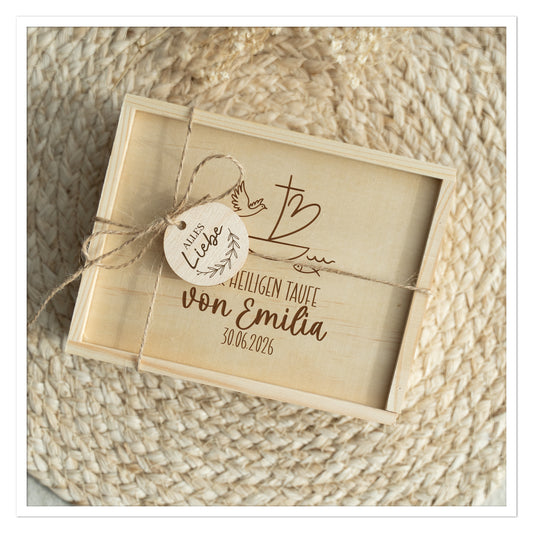 Geldgeschenk Taufe Holzbox mit Boot, Herz und Fischen
