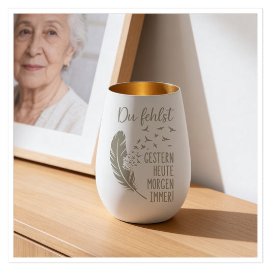 Trauer Windlicht „Du fehlst – gestern heute morgen immer“